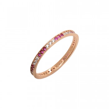 Auksinis žiedas juostelė su rožiniu ir baltu cirkoniu 