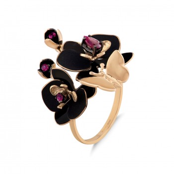Ekskliuzyvinis auksinis žiedas su rožiniais safyrais ir rubinu "Orchidėjos"