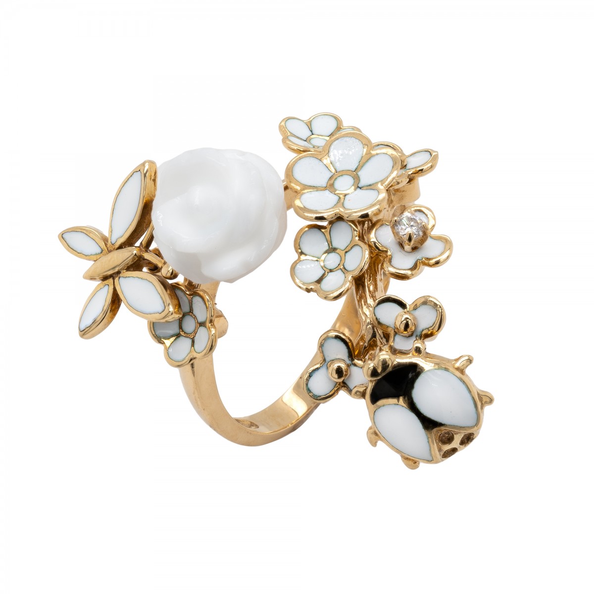 Ekskliuzyvinis auksinis žiedas su briliantu ir koralu "Gėlės"