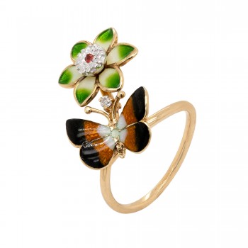 Ekskliuzyvinis auksinis žiedas su briliantu "Gėlė su drugeliu"