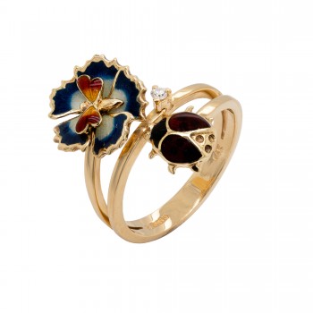 Ekskliuzyvinis auksinis žiedas su briliantu "Gėlė su drugeliu ir boružėle"
