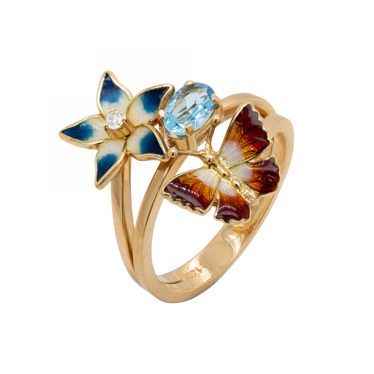 Ekskliuzyvinis auksinis žiedas su briliantu ir topazu "Gėlė su drugeliu"