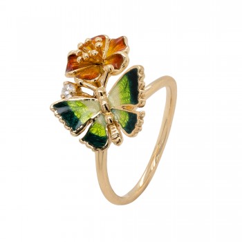 Ekskliuzyvinis auksinis žiedas su briliantu "Gėlė su drugeliu"