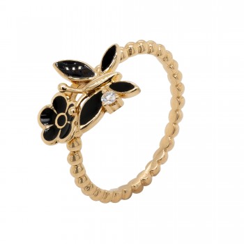 Ekskliuzyvinis auksinis žiedas su briliantais "Drugelis ir gėlė"