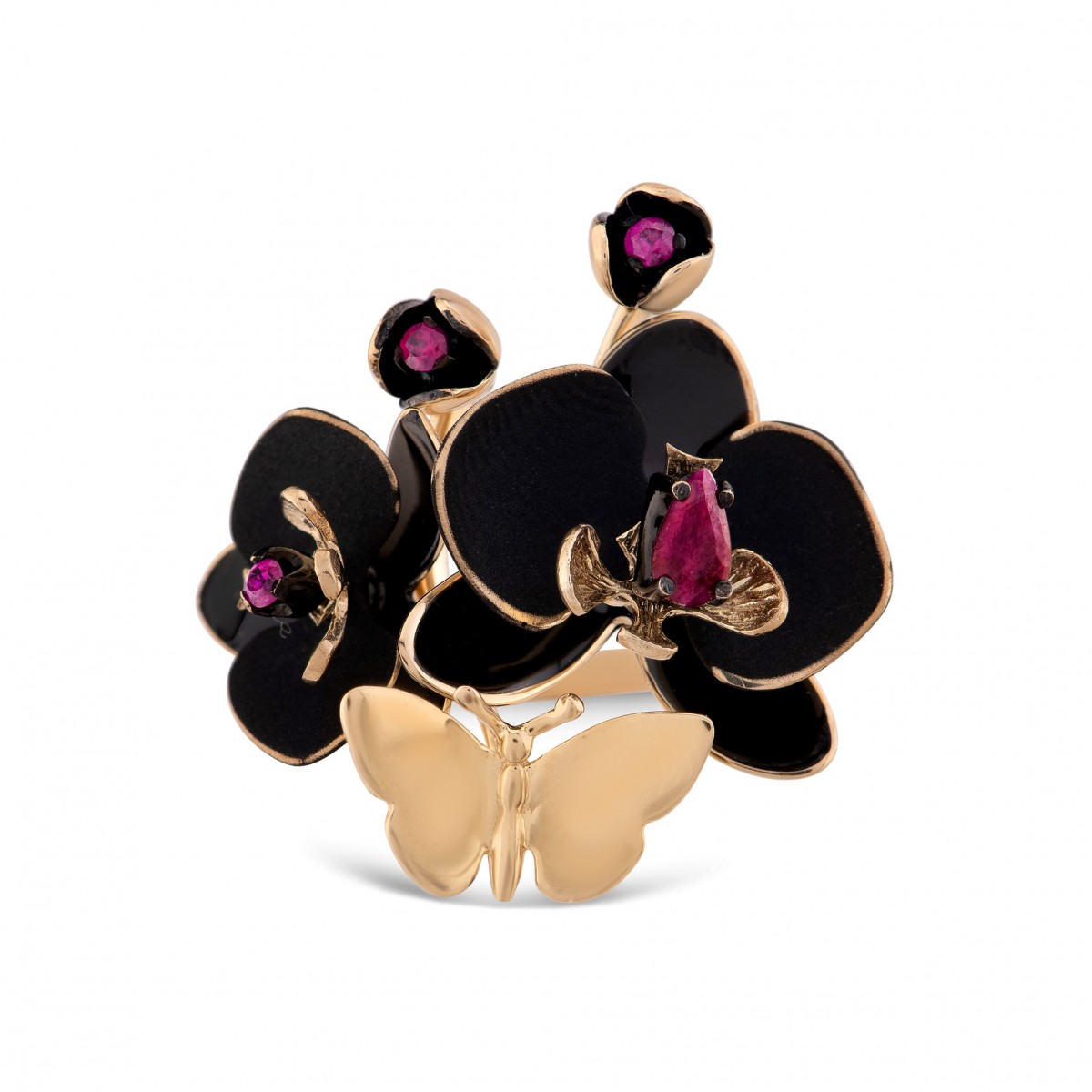 Ekskliuzyvinis auksinis žiedas su rožiniais safyrais ir rubinu "Orchidėjos"
